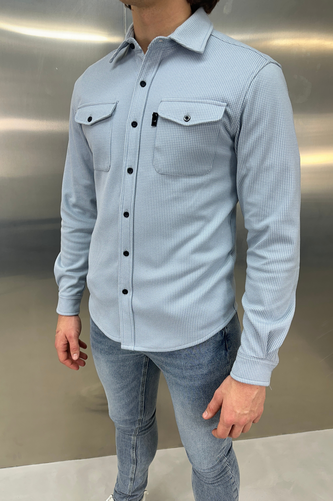 Laurent Garde Houndstooth Overshirt - Denim Blue