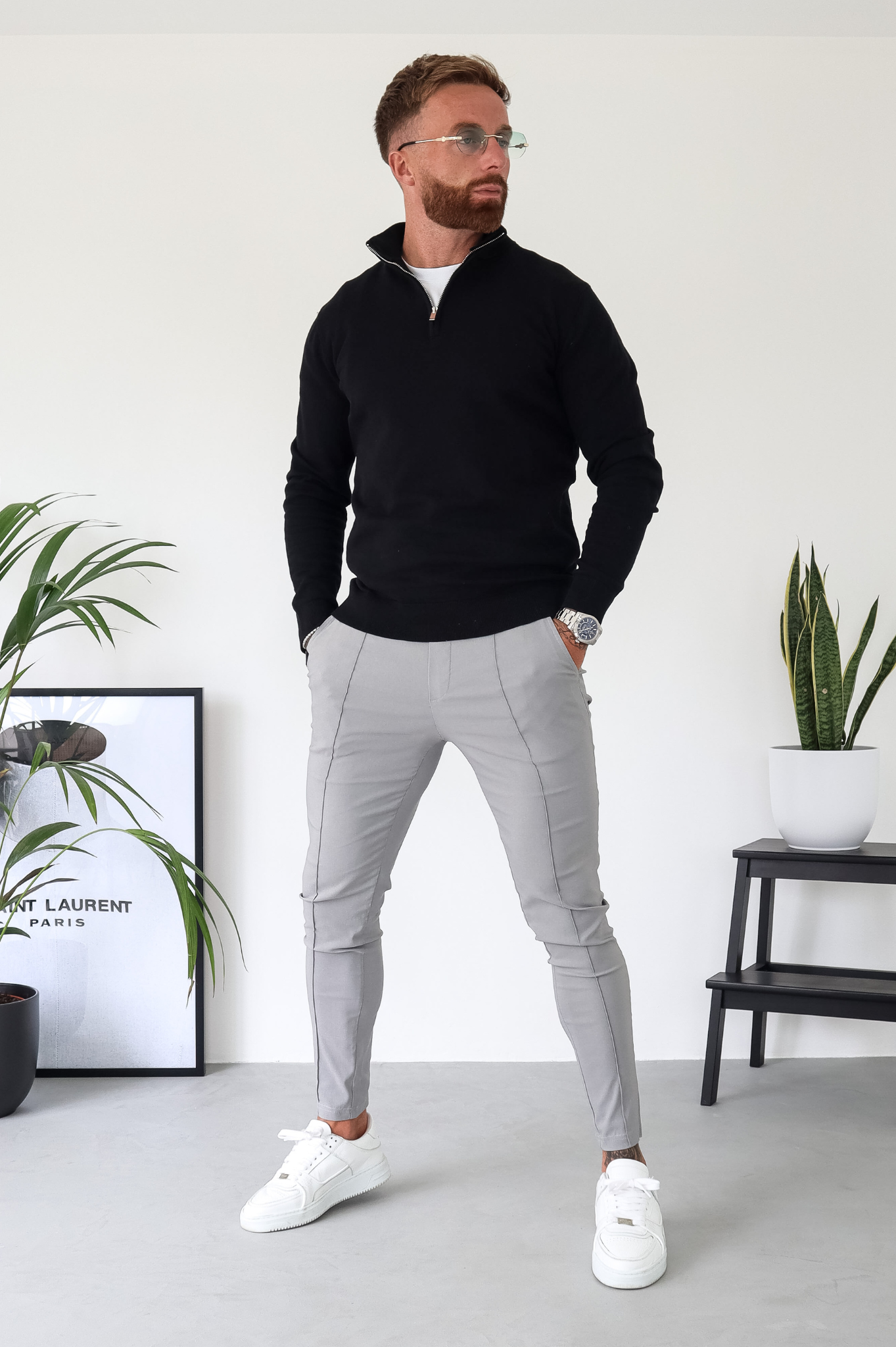 Pull Cotton Egyptian 1/4 Zip Top - Black