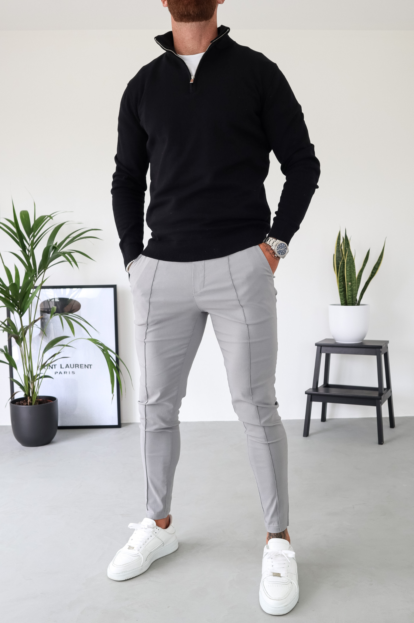 Pull Cotton Egyptian 1/4 Zip Top - Black