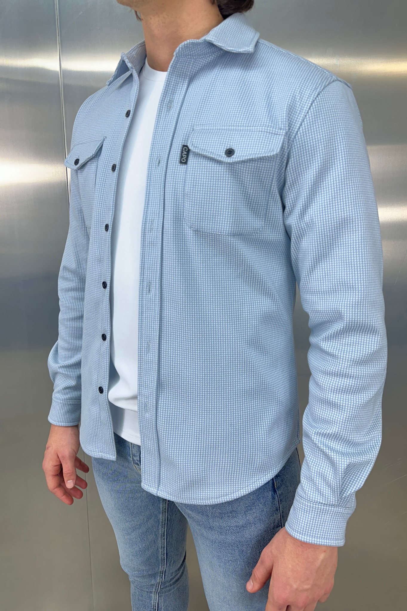 Laurent Garde Houndstooth Overshirt - Denim Blue