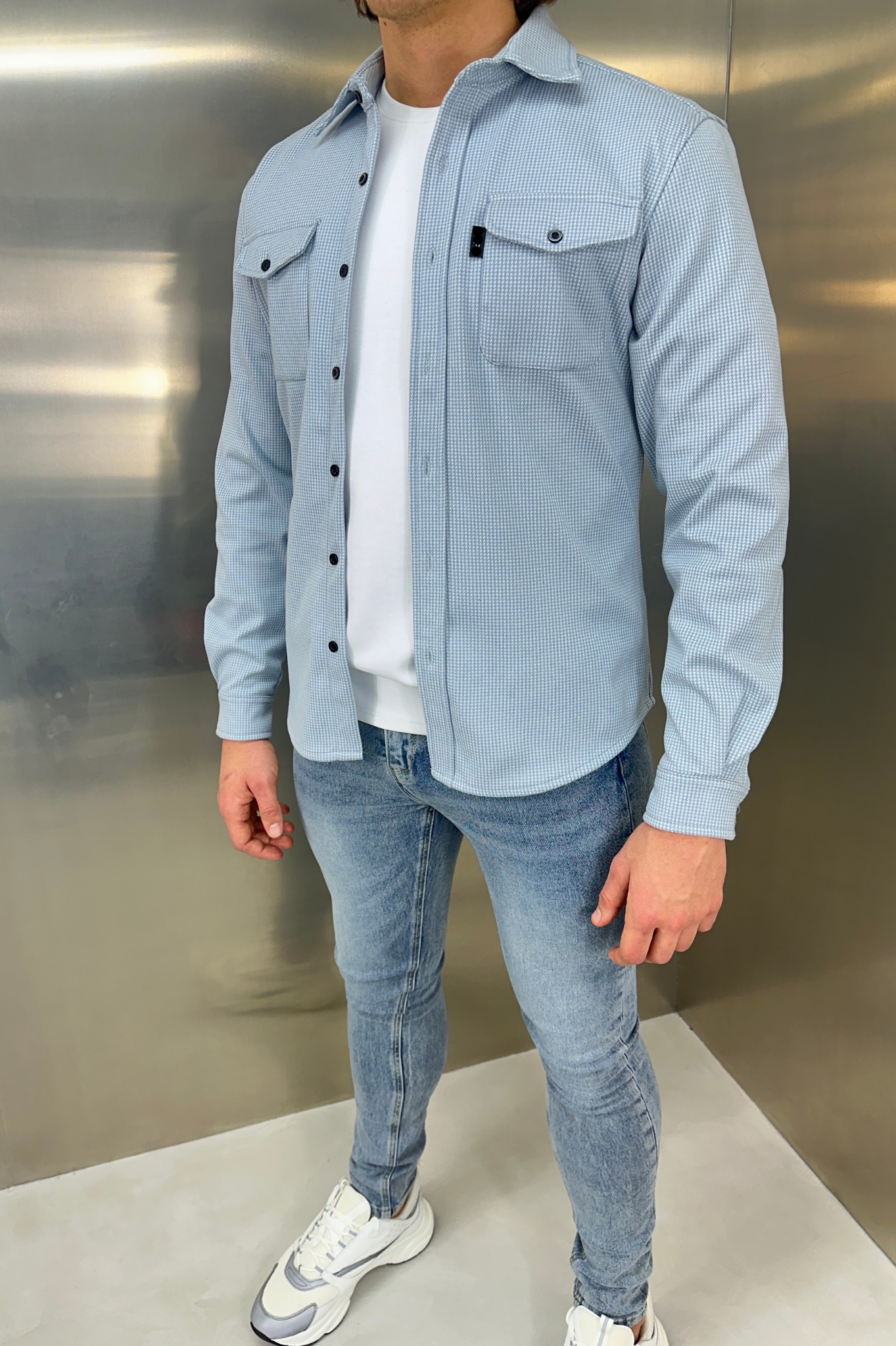 Laurent Garde Houndstooth Overshirt - Denim Blue