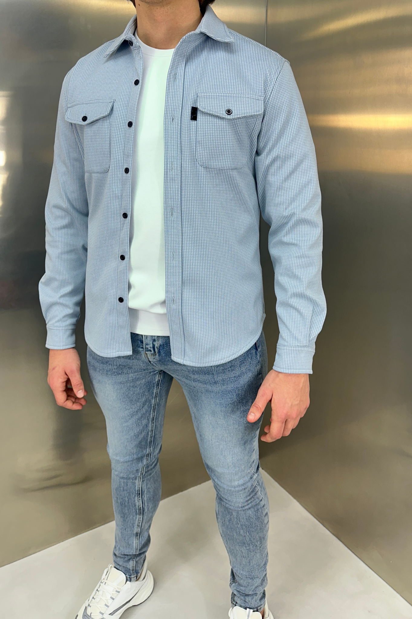 Laurent Garde Houndstooth Overshirt - Denim Blue
