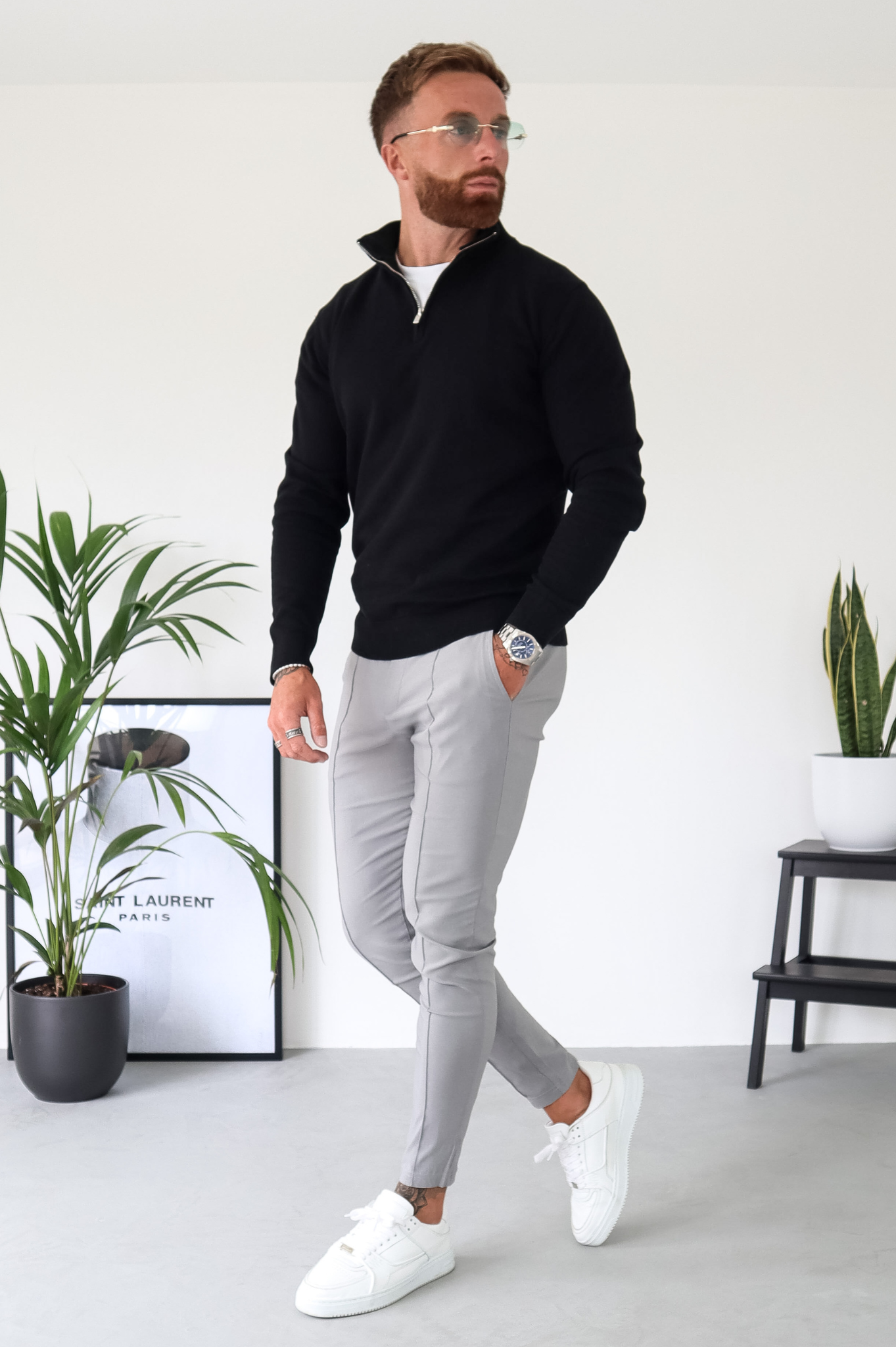 Pull Cotton Egyptian 1/4 Zip Top - Black