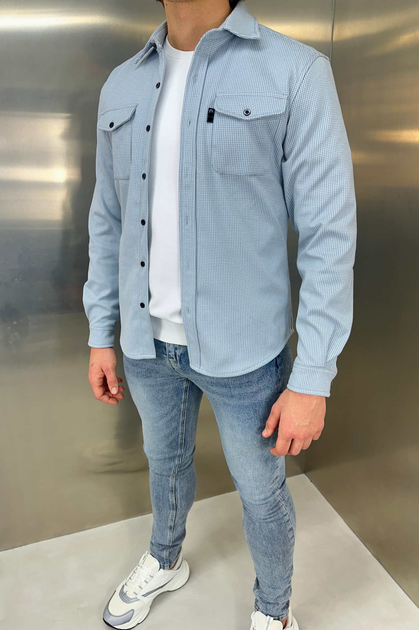 Laurent Garde Houndstooth Overshirt - Denim Blue