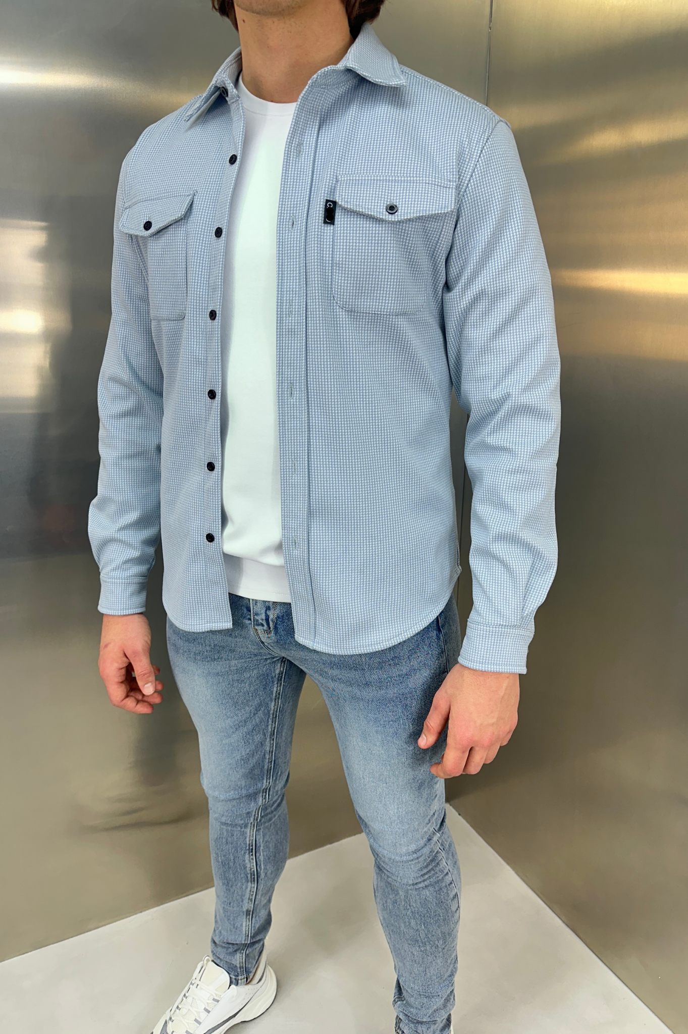 Laurent Garde Houndstooth Overshirt - Denim Blue