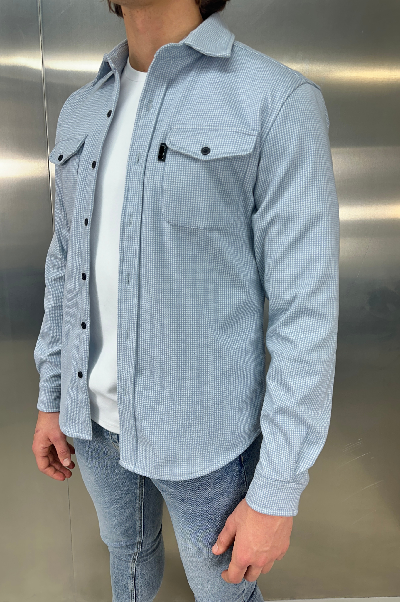 Laurent Garde Houndstooth Overshirt - Denim Blue